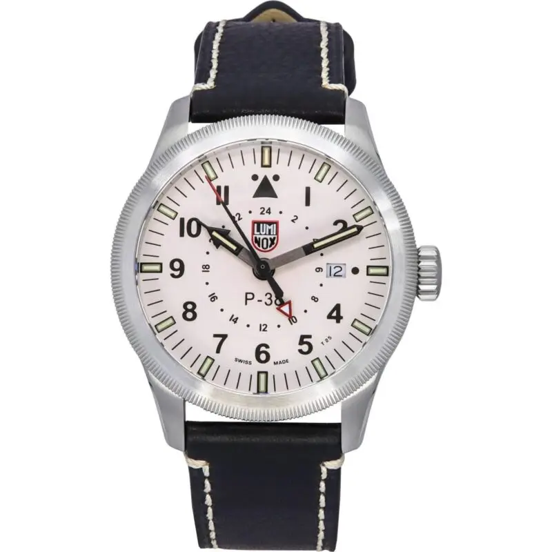 Luminox Air Pilot P-38 Lightning GMT Black Leather Strap White Dial Swiss Quartz XA.9527 100M Men's Watch