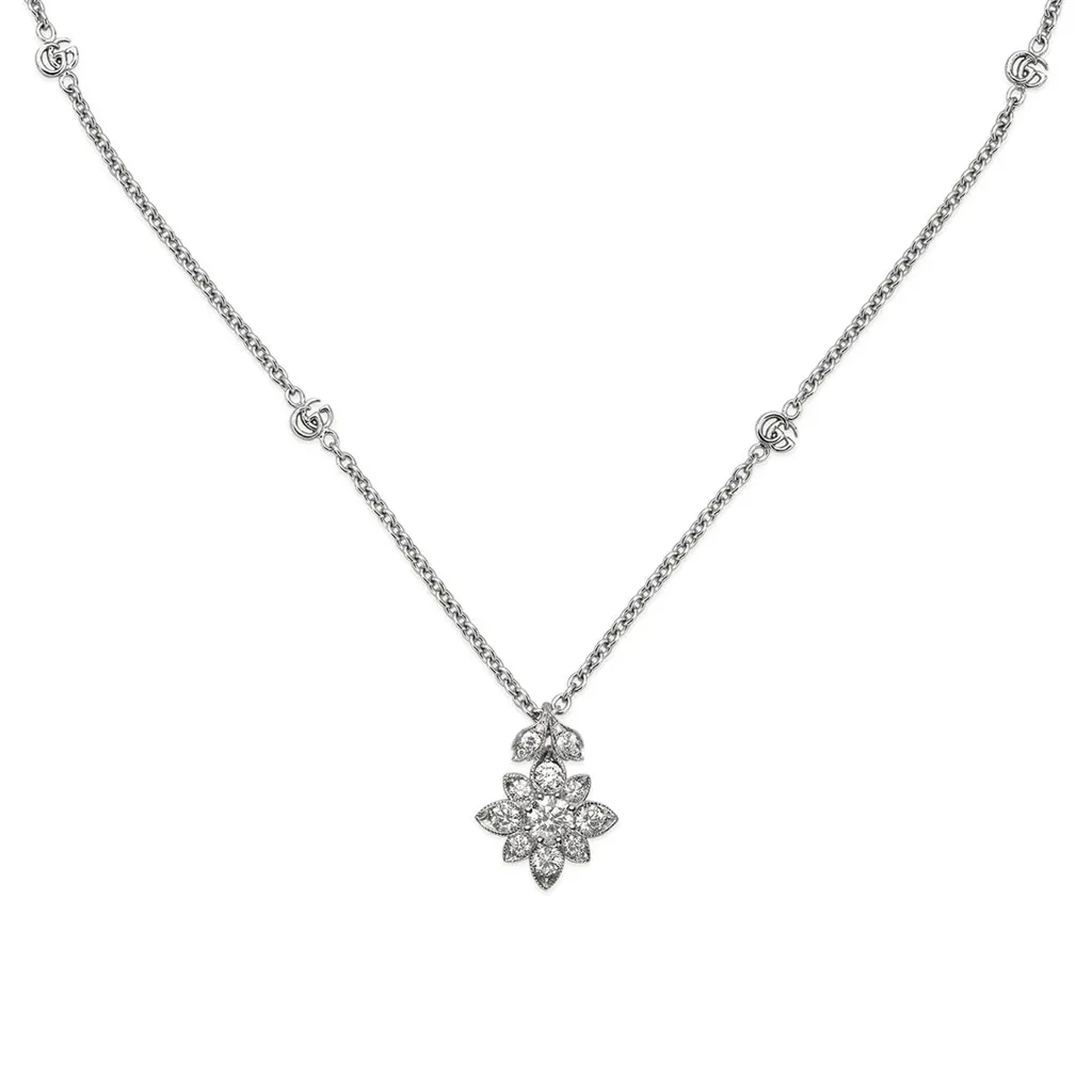 Gucci Flora Double G Diamond Pendant Necklace in 18kt White Gold | Women's Luxury Italian Fine Jewellery (YBB703649001)