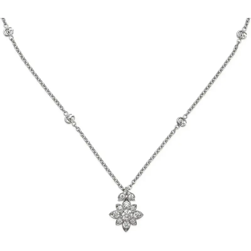 Gucci Flora Double G Diamond Pendant Necklace in 18kt White Gold | Women's Luxury Italian Fine Jewellery (YBB703649001)