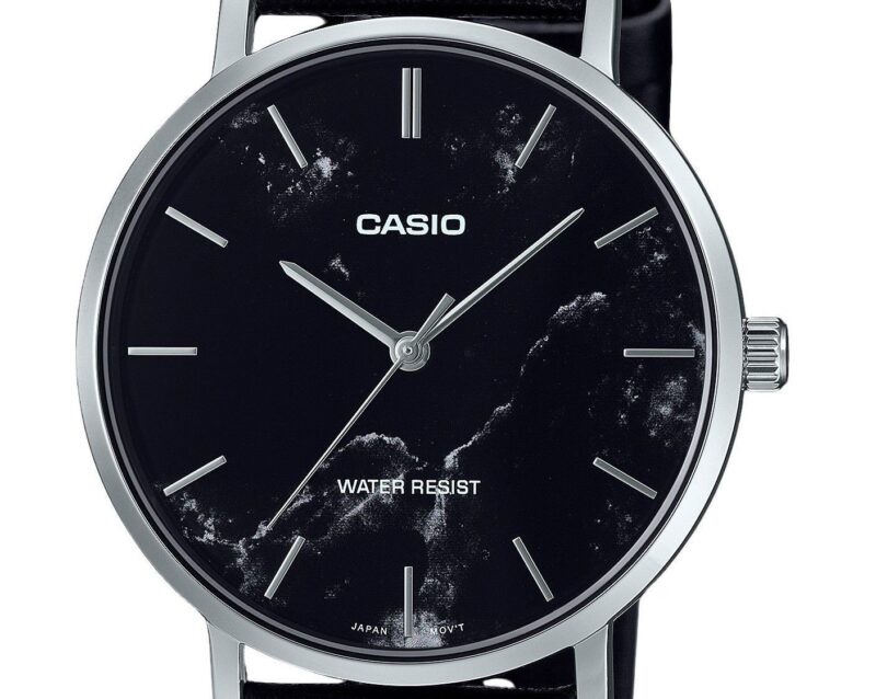 Casio Standard Analog Black Leather Strap Marble Inspired Black Dial Quartz MTP-VT01LM-1A Men's Watch