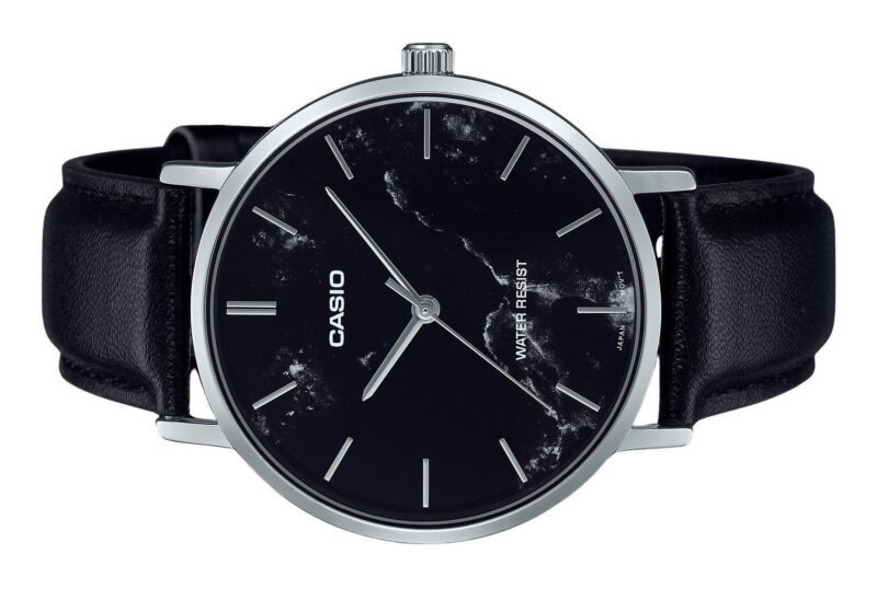Casio Standard Analog Black Leather Strap Marble Inspired Black Dial Quartz MTP-VT01LM-1A Men's Watch