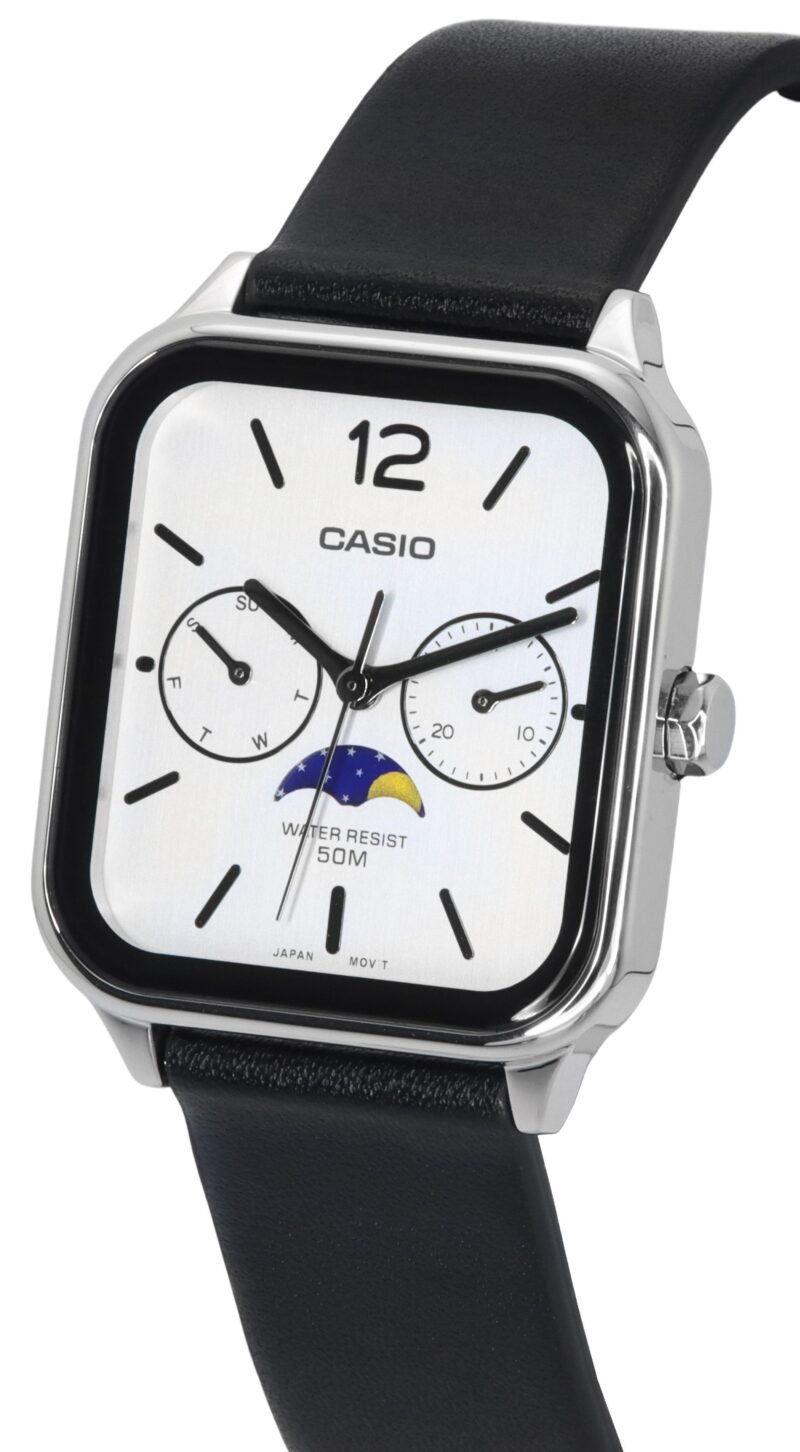 Casio Standard Analog Moon Phase Leather Strap White Dial Quartz MTP-M305L-7A Men's Watch