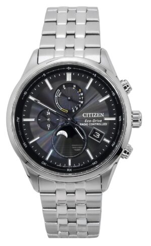 Citizen Eco-Drive Radio Controlled Moon Phase Stainless Steel Black Dial BY1030-50E 100M Men's Watch