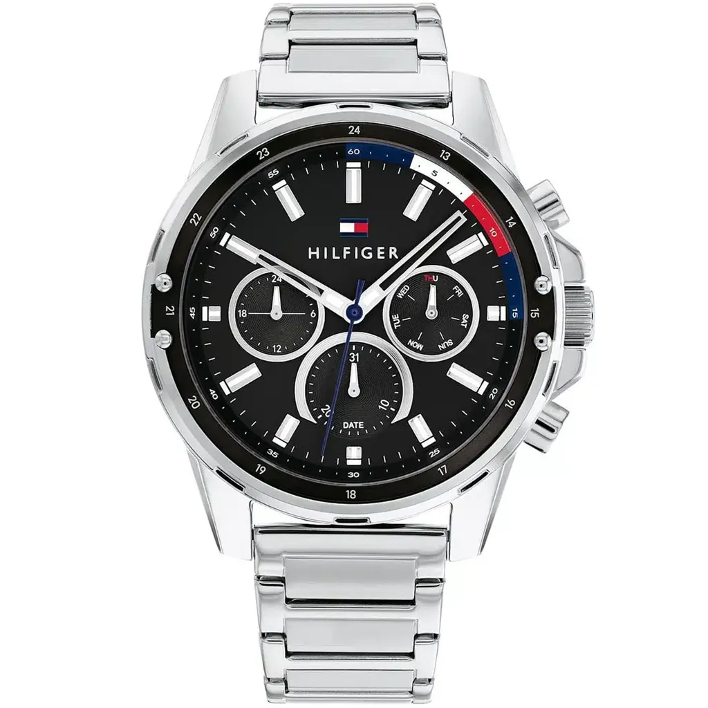 Tommy Hilfiger Mason 45mm Men’s Watch – Black Multi-Function Dial, Silver Stainless Steel Bracelet & 5 ATM Water Resistance (1791936)