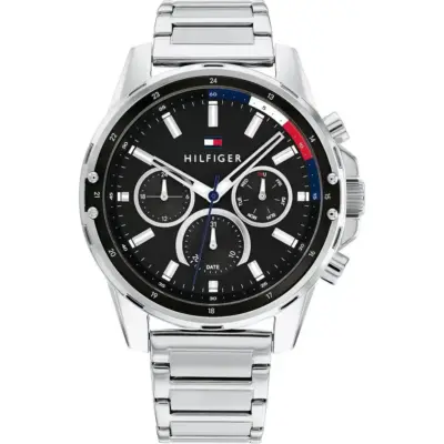 Tommy Hilfiger Mason 45mm Men’s Watch – Black Multi-Function Dial, Silver Stainless Steel Bracelet & 5 ATM Water Resistance (1791936)