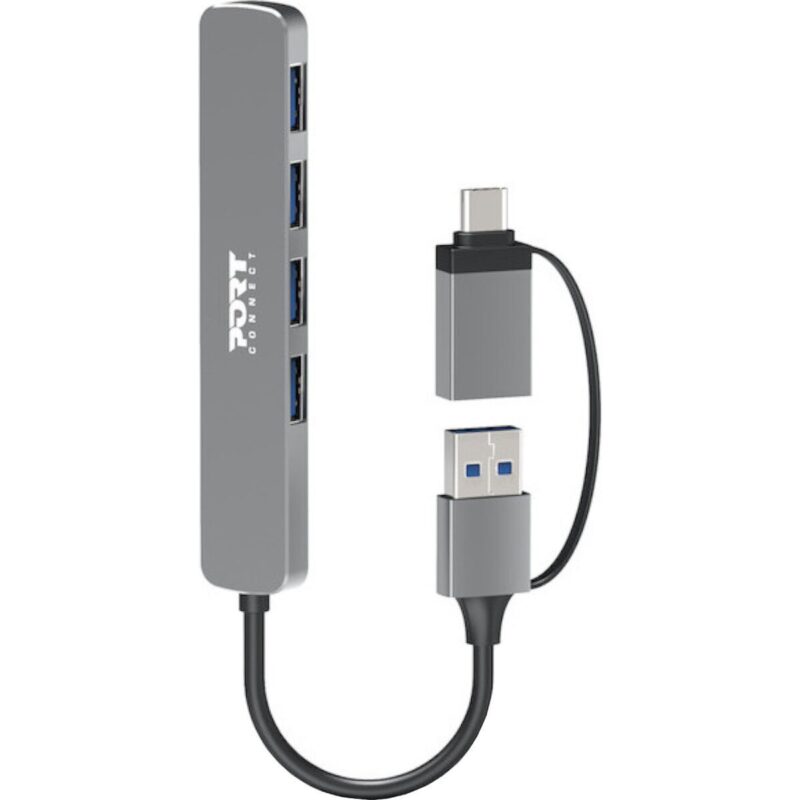 900161_Port-Connect-USB-Type-C-to-4-port-USB-A-3.0-Hub-Grey_wr_01a Port Connect USB Type-C to 4-port USB-A 3.0 Hub (900161)
