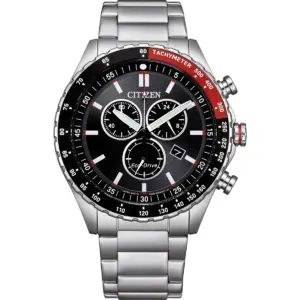 Citizen Eco-Drive Sport 43mm Men's Chronograph – Black Sunray Dial, Silver-Tone Stainless Steel Bracelet & 10 ATM Water Resistance (AT2566-88E)