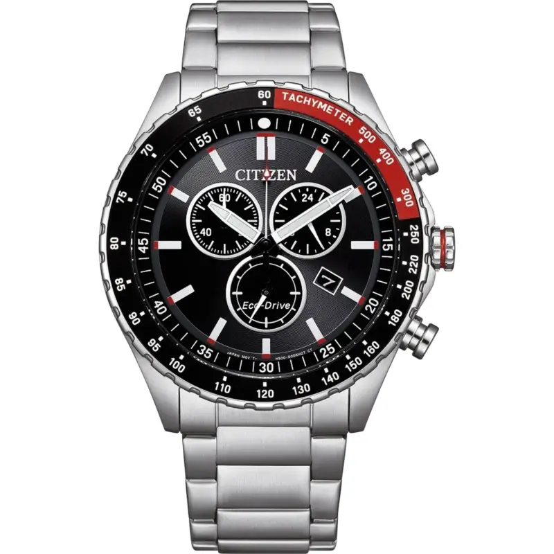 Citizen Eco-Drive Sport 43mm Men's Chronograph – Black Sunray Dial, Silver-Tone Stainless Steel Bracelet & 10 ATM Water Resistance (AT2566-88E)