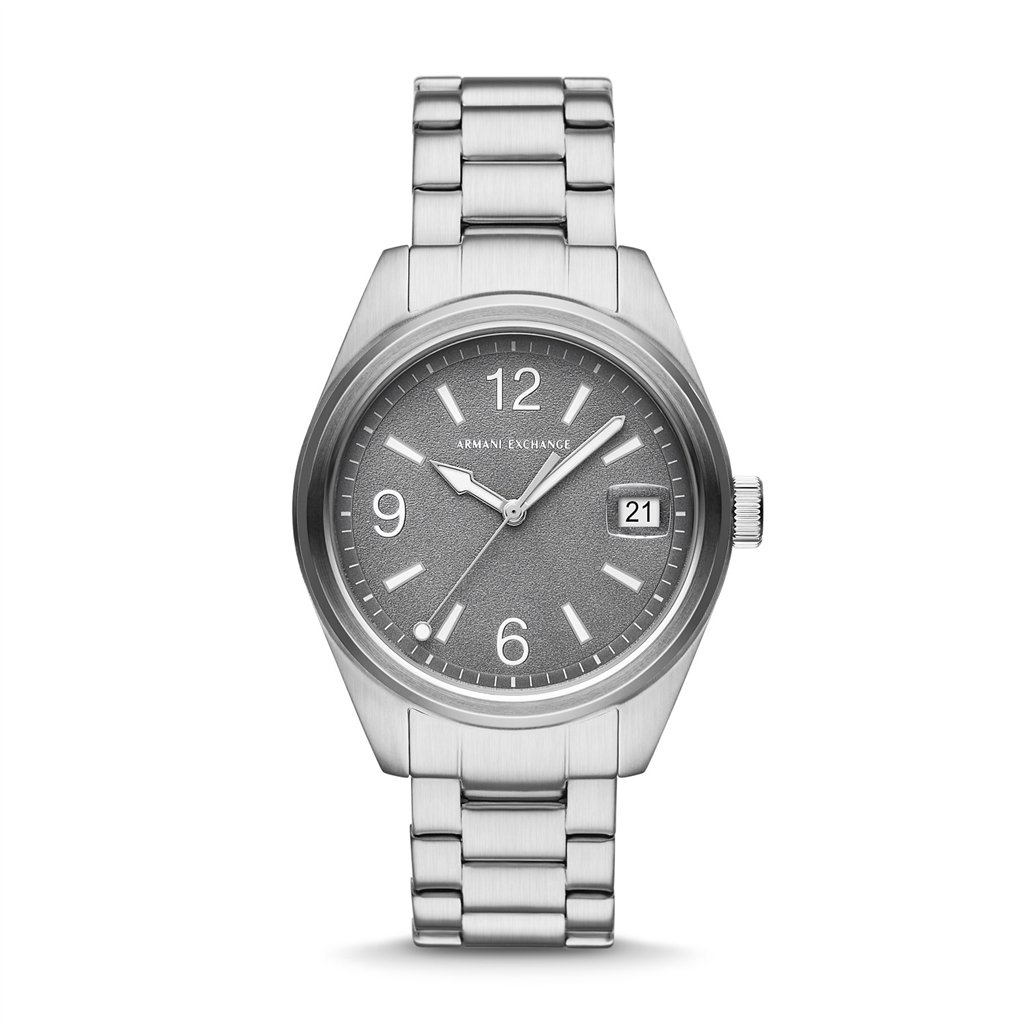 Armani Exchange Kilian 42mm Men's Watch – Grey Sandblast Dial, Silver-Tone Stainless Steel Bracelet & Date Function (AX1420)