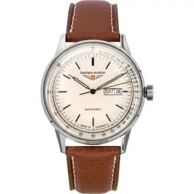 Bauhaus Aviation Leather Strap Beige Dial Automatic 23665 100M Men's Watch