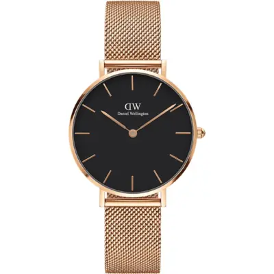Daniel Wellington Women's classic petite Melrose watch - 32 mm - Black dial with rose gold mesh bracelet (DW00100161)