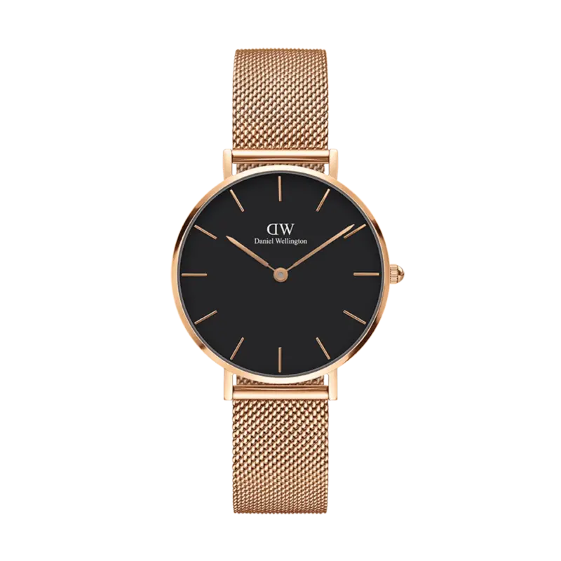 Daniel Wellington Women's classic petite Melrose watch - 32 mm - Black dial with rose gold mesh bracelet (DW00100161)