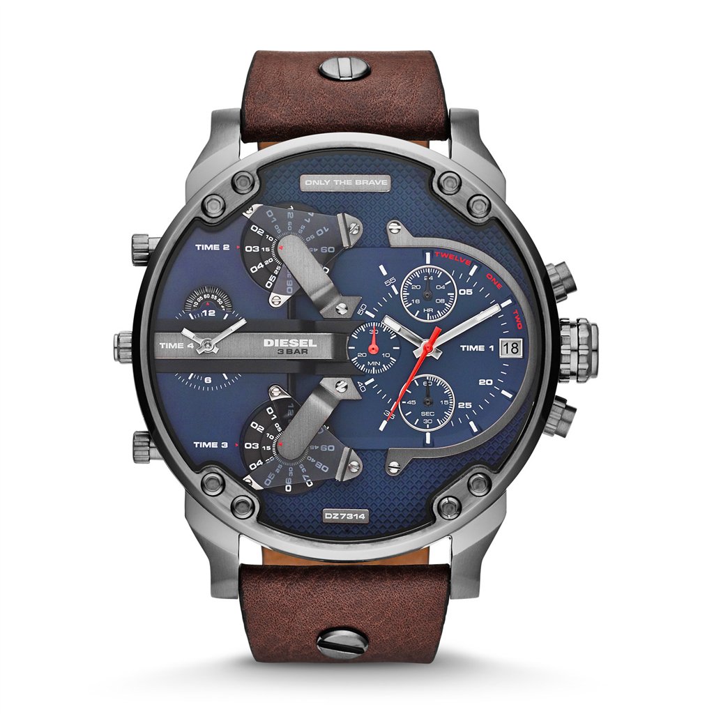 Diesel Mr. Daddy 2.0 57mm Men’s Watch – Gunmetal Stainless Steel, Navy Blue Textured Dial & Brown Leather Strap (DZ7314)