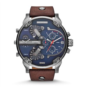 Diesel Mr. Daddy 2.0 57mm Men’s Watch – Gunmetal Stainless Steel, Navy Blue Textured Dial & Brown Leather Strap (DZ7314)