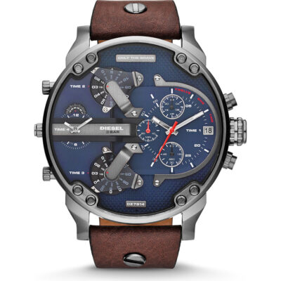 Diesel Mr. Daddy 2.0 57mm Men’s Watch – Gunmetal Stainless Steel, Navy Blue Textured Dial & Brown Leather Strap (DZ7314)