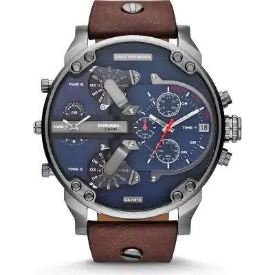 Diesel Mr. Daddy 2.0 57mm Men’s Watch – Gunmetal Stainless Steel, Navy Blue Textured Dial & Brown Leather Strap (DZ7314)