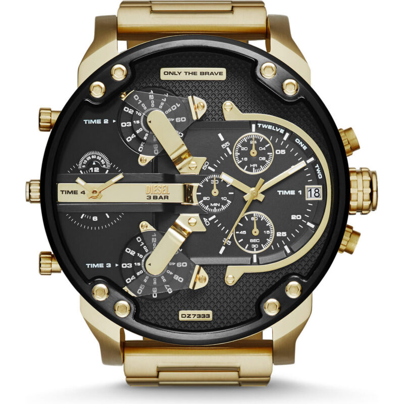 DZ7333 main Diesel Mr. Daddy 2.0 57mm Men’s Watch – Gold-Tone Stainless Steel, Black Chronograph Dial & 4 Time Zone Display (Ref: DZ7333)