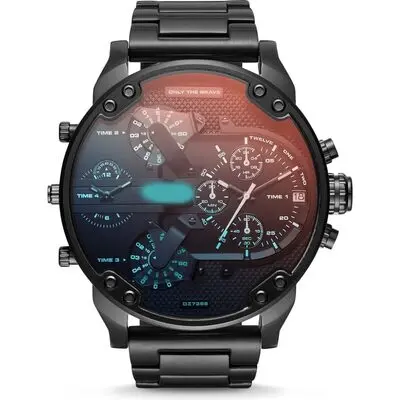 Diesel Mr. Daddy 2.0 57mm Men’s Watch – Black Stainless Steel, Iridescent "Nebula" Crystal & 4 Time Zone Chronograph (DZ7395)