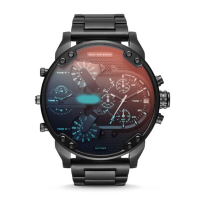 Diesel Mr. Daddy 2.0 57mm Men’s Watch – Black Stainless Steel, Iridescent "Nebula" Crystal & 4 Time Zone Chronograph (DZ7395)