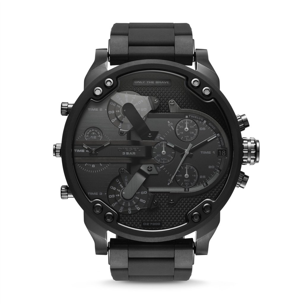 Diesel Mr. Daddy 2.0 57mm Men’s Watch – Black Stainless Steel & Silicone-Wrapped Bracelet, 4 Time Zone Chronograph (DZ7396)
