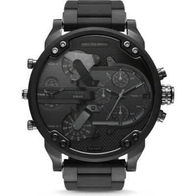 Diesel Mr. Daddy 2.0 57mm Men’s Watch – Black Stainless Steel & Silicone-Wrapped Bracelet, 4 Time Zone Chronograph (DZ7396)