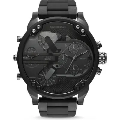 Diesel Mr. Daddy 2.0 57mm Men’s Watch – Black Stainless Steel & Silicone-Wrapped Bracelet, 4 Time Zone Chronograph (DZ7396)