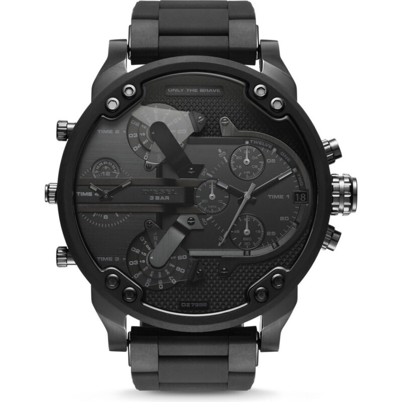 DZ7396 main Diesel Mr. Daddy 2.0 57mm Men’s Watch – Black Stainless Steel & Silicone-Wrapped Bracelet, 4 Time Zone Chronograph (DZ7396)