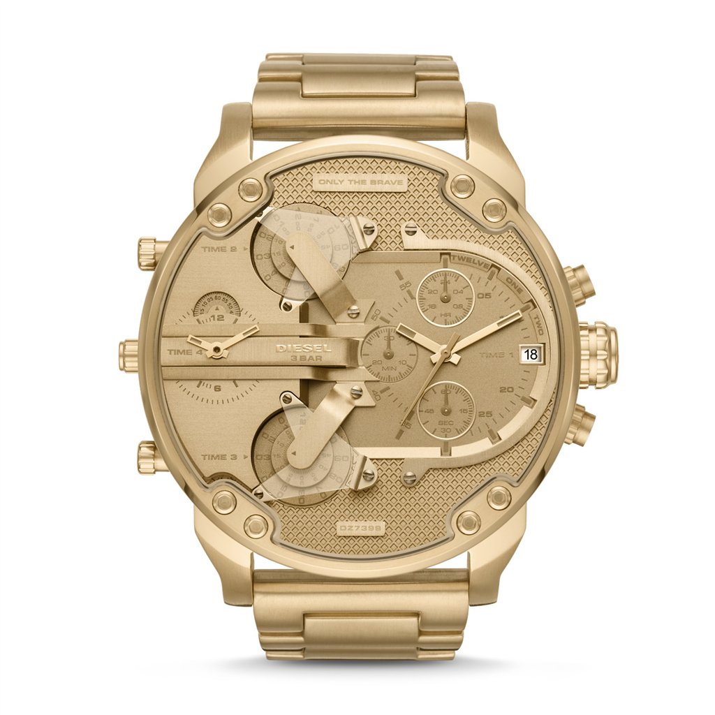 Diesel Mr. Daddy 2.0 57mm Men’s Watch – Full Gold-Tone Stainless Steel, Gold Sunray Dial & 4 Time Zone Chronograph (DZ7399)