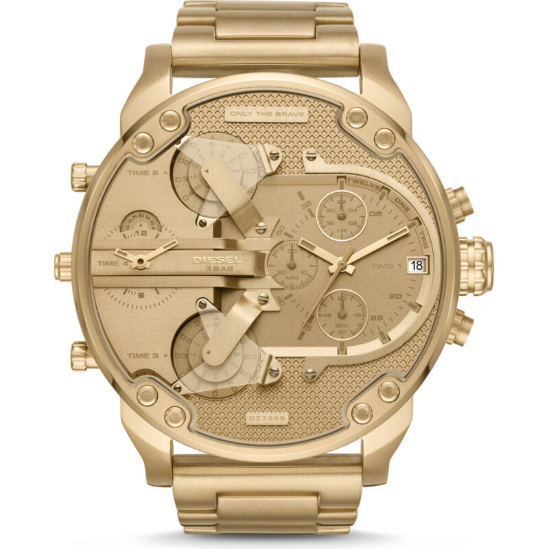 DZ7399 main Diesel Mr. Daddy 2.0 57mm Men’s Watch – Full Gold-Tone Stainless Steel, Gold Sunray Dial & 4 Time Zone Chronograph (DZ7399)