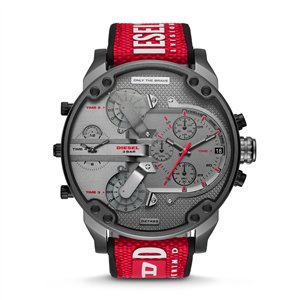 Diesel Mr. Daddy 2.0 57mm Men’s Watch – Gunmetal Grey Stainless Steel, Red Nylon/Silicone Strap & 4 Time Zone Chronograph (DZ7423)