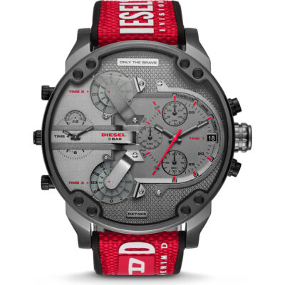 Diesel Mr. Daddy 2.0 57mm Men’s Watch – Gunmetal Grey Stainless Steel, Red Nylon/Silicone Strap & 4 Time Zone Chronograph (DZ7423)