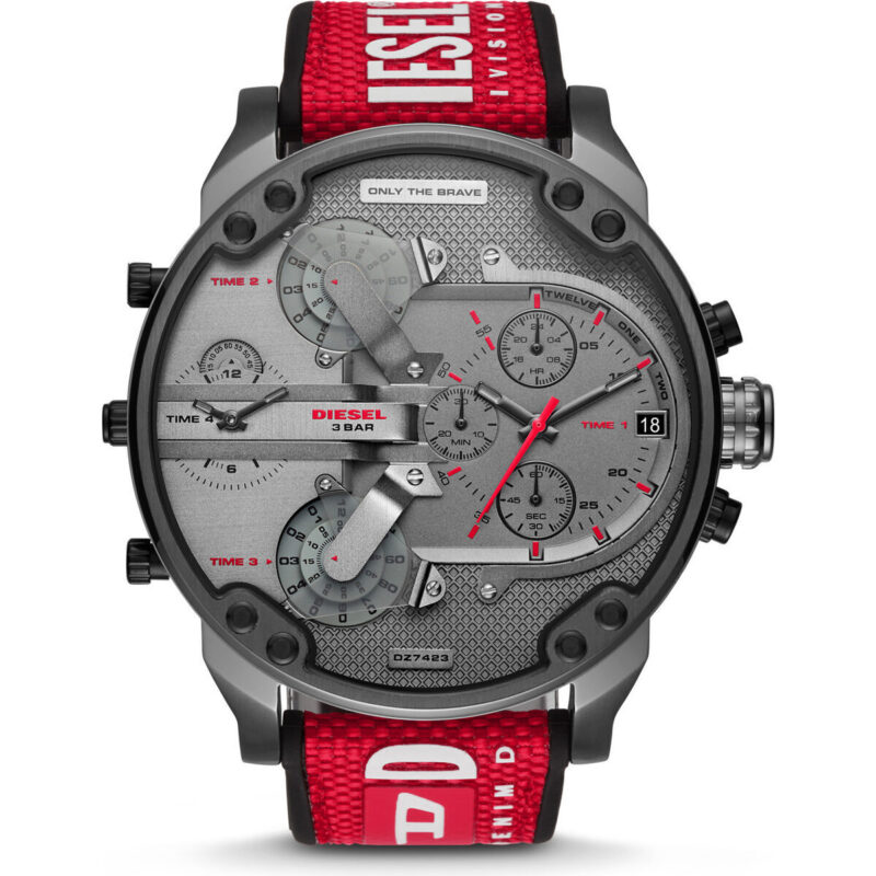 DZ7423 main Diesel Mr. Daddy 2.0 57mm Men’s Watch – Gunmetal Grey Stainless Steel, Red Nylon/Silicone Strap & 4 Time Zone Chronograph (DZ7423)
