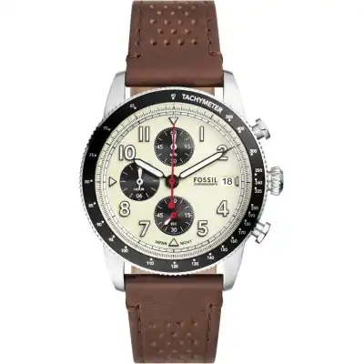 Fossil Sport Tourer Chronograph Brown Leather Strap Cream Dial Quartz FS6042 Men's Watch