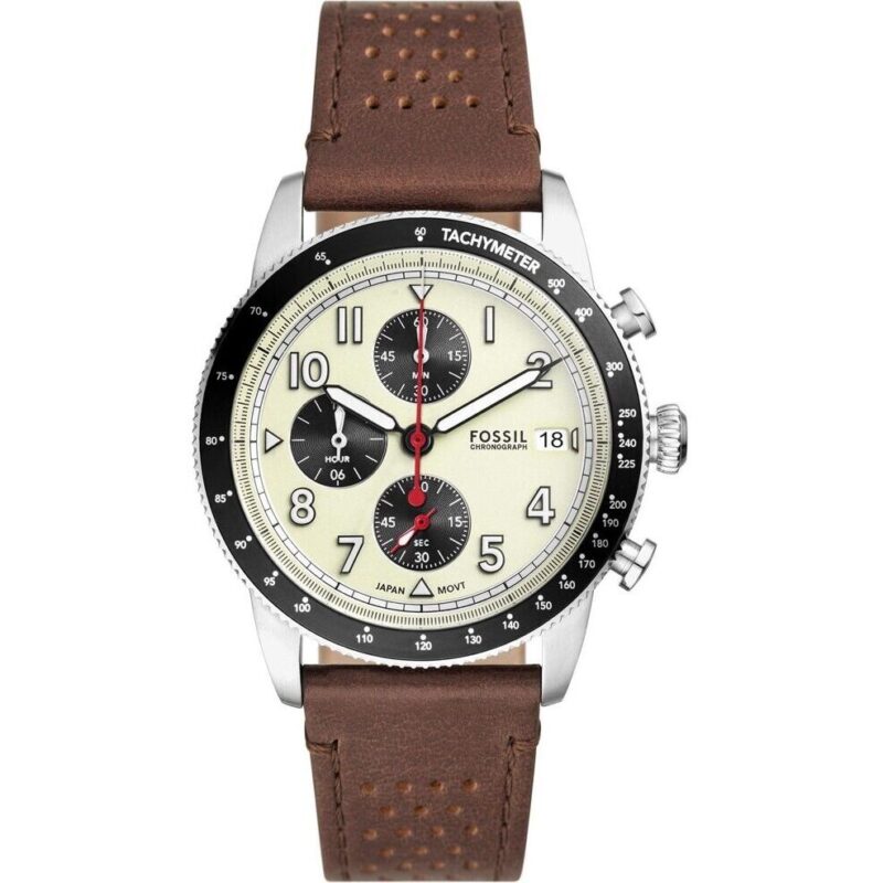 Fossil Sport Tourer Chronograph Brown Leather Strap Cream Dial Quartz FS6042 Men's Watch