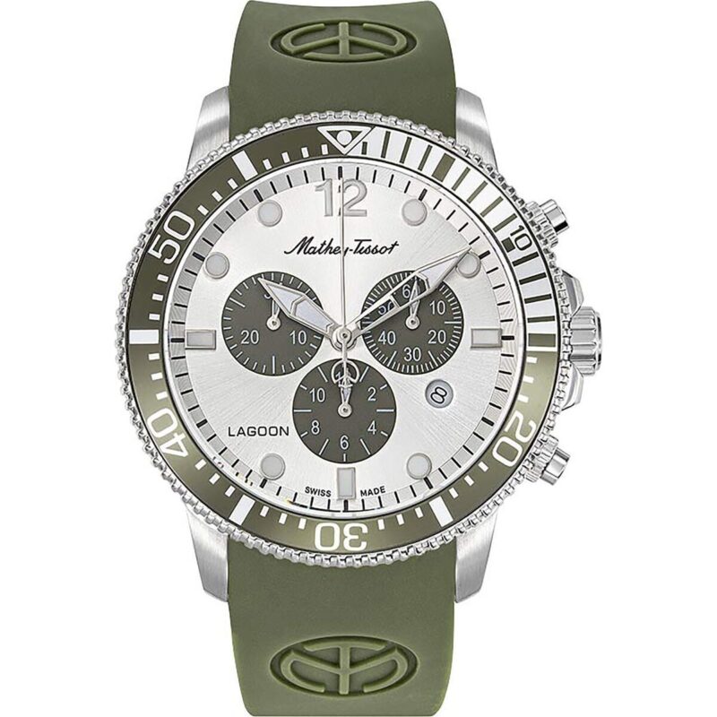 Mathey-Tissot Lagoon Chronograph Green Silicone Strap Silver Dial Quartz H123CHLGV 100M Men's Watch Mathey-Tissot Lagoon Chronograph Green Silicone Strap Silver Dial Quartz H123CHLGV 100M Men's Watch