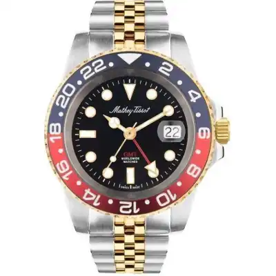 Mathey-Tissot Rolly Mathy Vintage GMT Two Tone Stainless Steel Black Dial Quartz H903BBR 100M Men's Watch