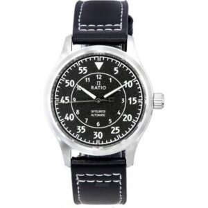 Ratio Skysurfer Pilot Black Textured Dial Leather Automatic RTS320 200M Men's Watch
