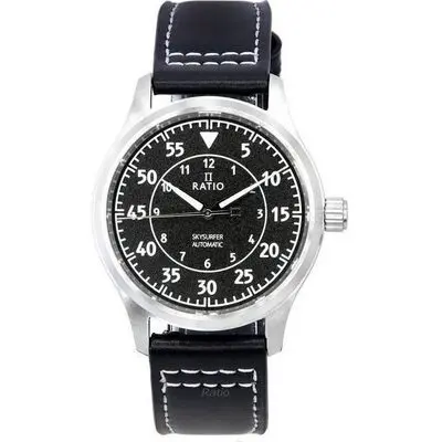 Ratio Skysurfer Pilot Black Textured Dial Leather Automatic RTS320 200M Men's Watch