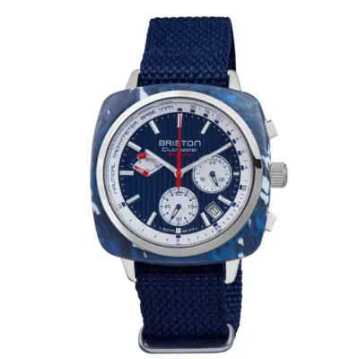Briston Clubmaster Regatta 42mm Men's Chronograph – Matt Blue Recycled Plastic with Navy Blue Dial & Ocean PET NATO Strap (241542-SP-NB-15)