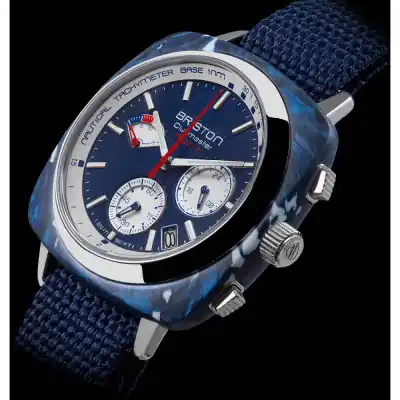Briston Clubmaster Regatta 42mm Men's Chronograph – Matt Blue Recycled Plastic with Navy Blue Dial & Ocean PET NATO Strap (241542-SP-NB-15)
