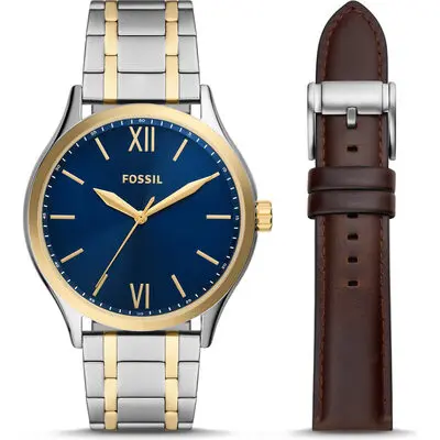 Fossil Fenmore 44mm Men’s Watch Gift Set – Two-Tone Stainless Steel with Blue Dial and Brown Leather Strap (BQ2786SET)