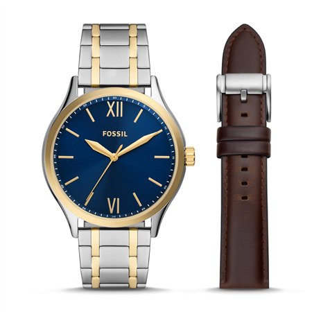 Fossil Fenmore 44mm Men’s Watch Gift Set – Two-Tone Stainless Steel with Blue Dial and Brown Leather Strap (BQ2786SET)