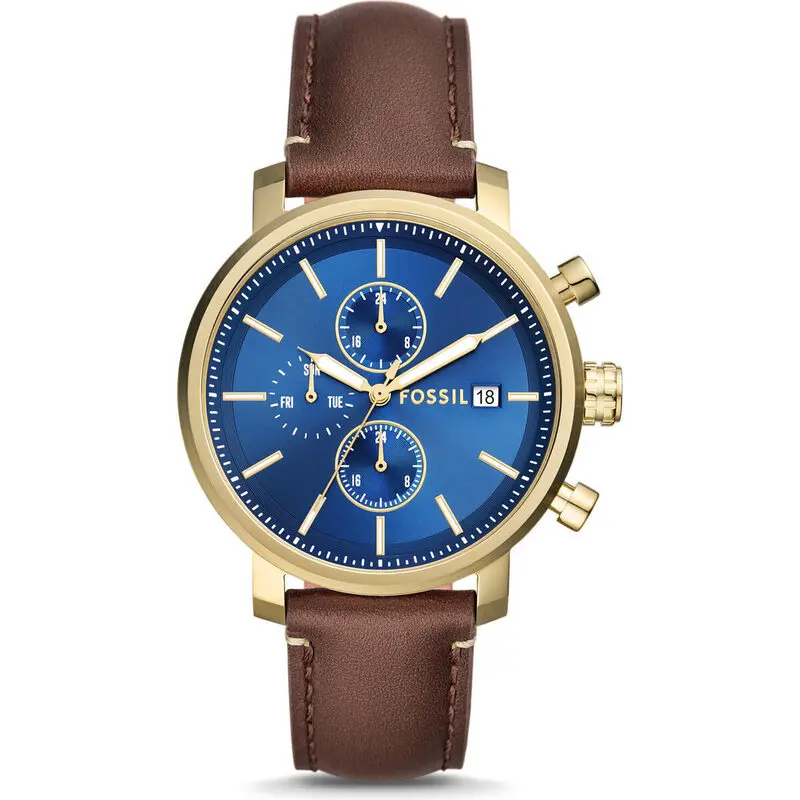 Fossil Rhett 42mm Men’s Multifunction Watch – Gold-Tone Stainless Steel with Blue Sunray Dial and Brown Leather Strap (BQ2848)