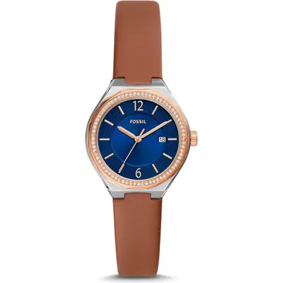 Fossil Eevie 30mm Women's Watch – Silver Stainless Steel with Blue CD-Finish Dial & Brown Leather Strap (BQ3803)