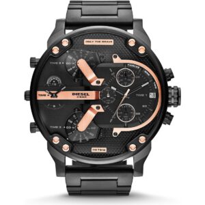 Diesel Mr. Daddy 2.0 57mm Men’s Watch – Black Stainless Steel, Rose Gold Accents & 4 Time Zone Chronograph (DZ7312)
