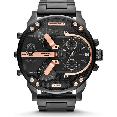 Diesel Mr. Daddy 2.0 57mm Men’s Watch – Black Stainless Steel, Rose Gold Accents & 4 Time Zone Chronograph (DZ7312)