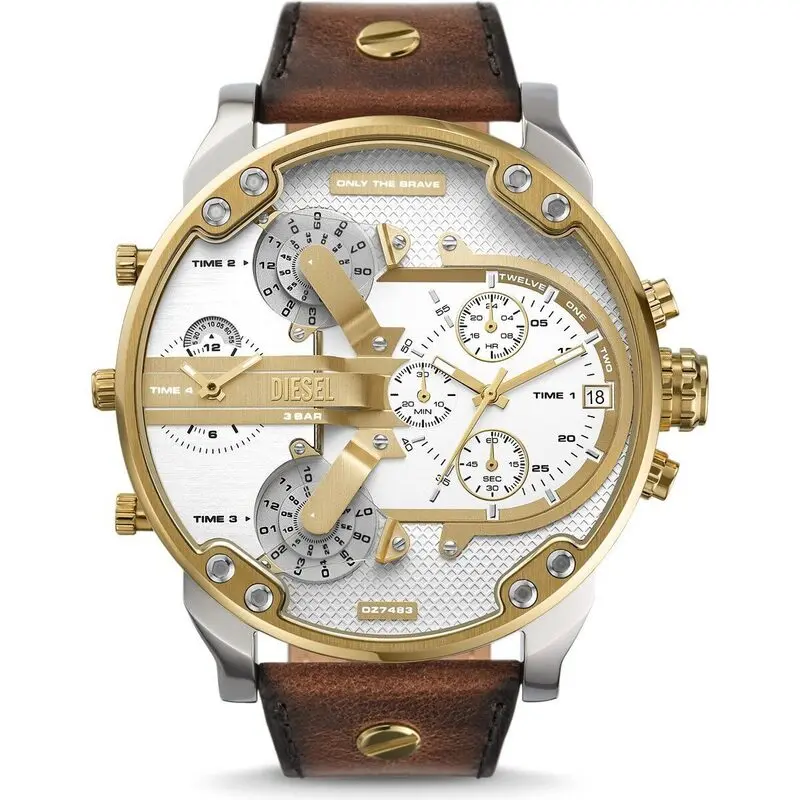 Diesel Mr. Daddy 2.0 57mm Men's Chronograph Watch – Silver Stainless Steel with Brown Leather Strap (BR-DZ7483)