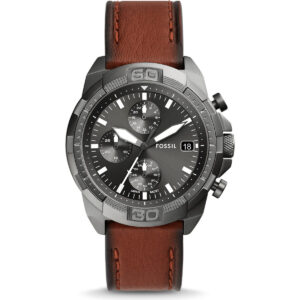 Fossil Bronson Chronograph 44mm Men's Watch - Smoke Stainless Steel with Brown Leather Strap (FS5855)
