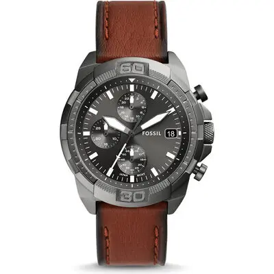 Fossil Bronson Chronograph 44mm Men's Watch - Smoke Stainless Steel with Brown Leather Strap (FS5855)
