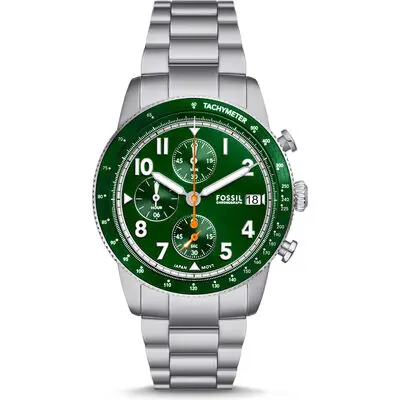 Fossil Sport Tourer 42mm Men’s Watch – Silver Stainless Steel with Racing Green Dial (FS6048)
